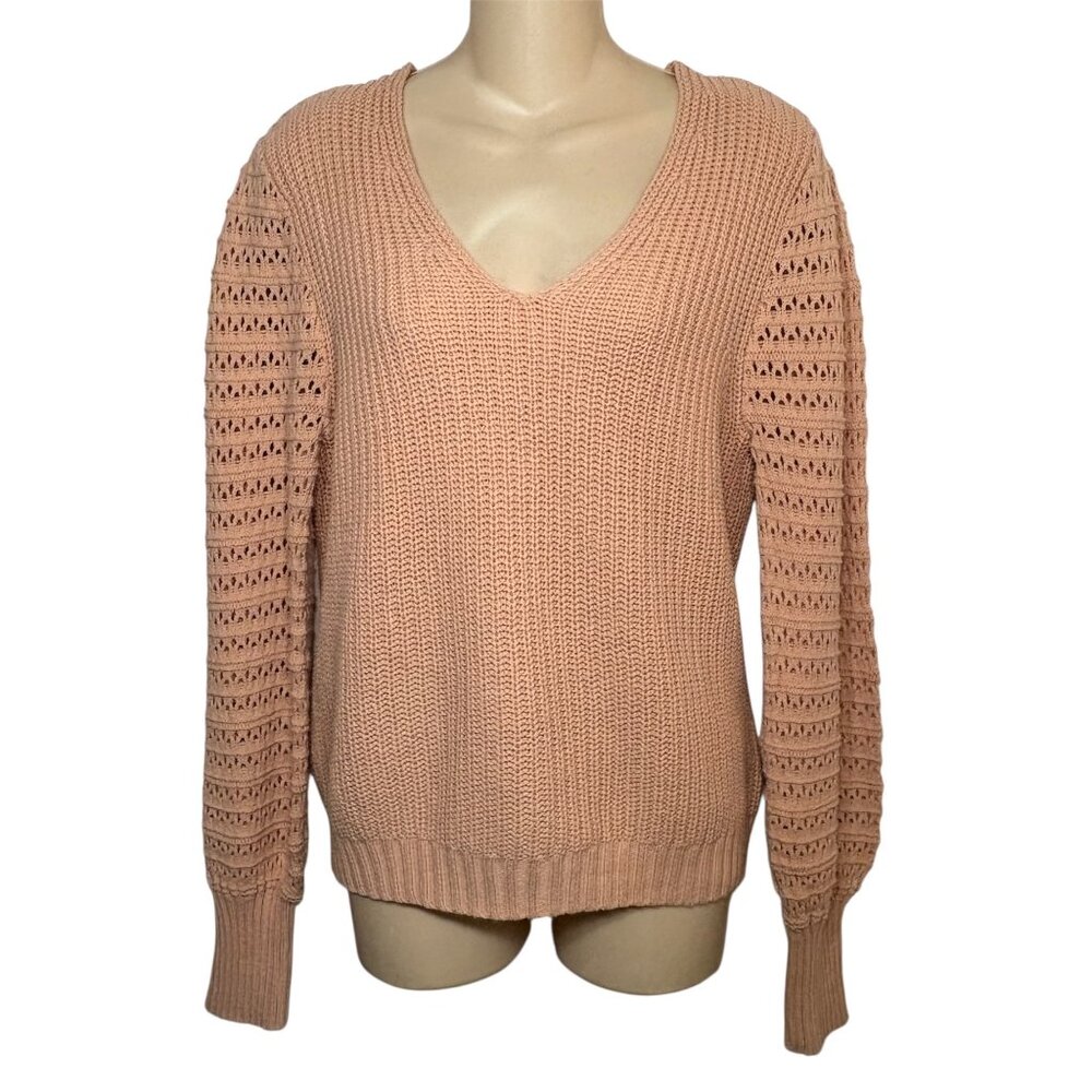 Rachel Zoe Women Medium Apricot Pink Knit Sweater Top V-Neck Long Sleeve Eyelet